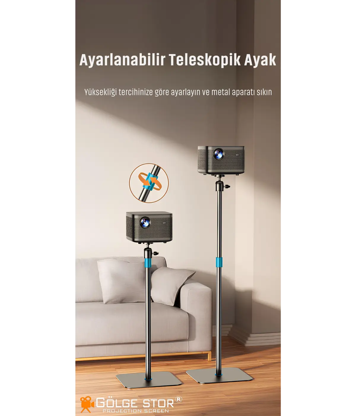 Projeksiyon Cihazı Standı Ayaklı Projeksiyon Vidalı-Gimbal Model Ayarlanabilir Yükseklik Tripod