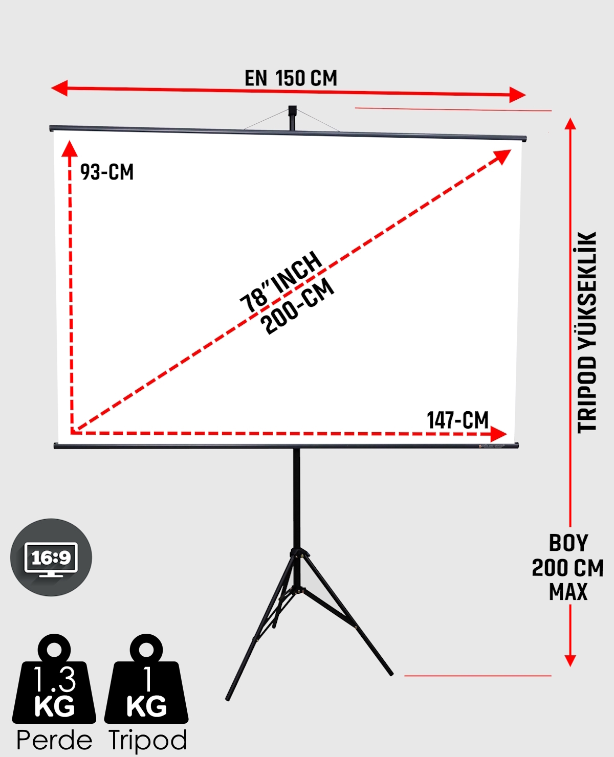 Tripod Ayaklı En 150 cm Boy 95 cm Yeni Akıllı Kumaş Teknolojisi Işık Geçirmez Projeksiyon Perdesi