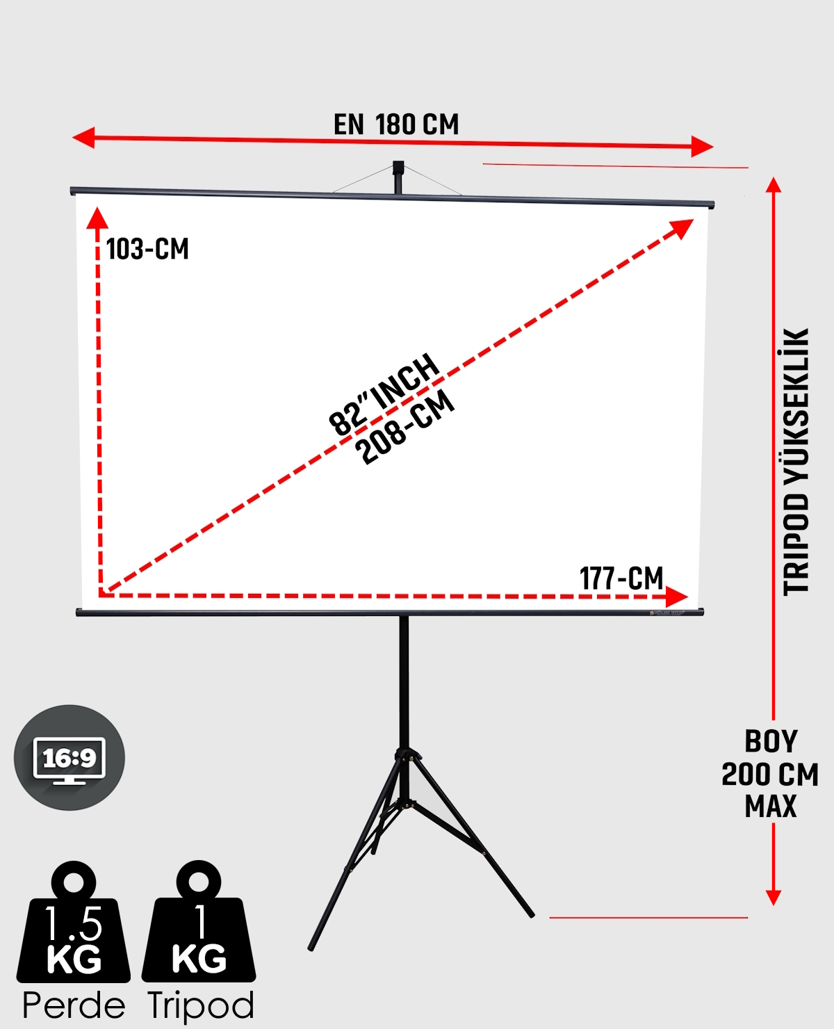 Tripod Ayaklı En 180 cm Boy 105 cm Yeni Akıllı Kumaş Teknolojisi Işık Geçirmez Projeksiyon Perdesi